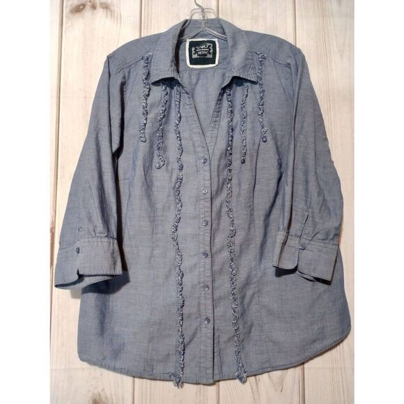 Cato Shirt Ladies 18 Button Front Chambray‎ Ruffle Western - Picture 1 of 7